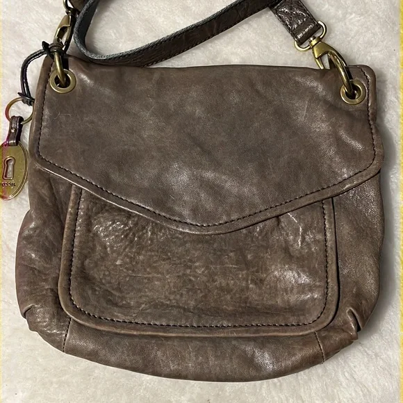 FOSSIL long live vintage grey brown olive distressed flap crossbody bag - Picture 3 of 15